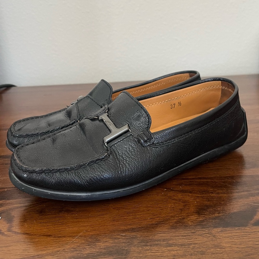 Tod's Italy Driving Shoes Leather Black Loafers Preppy Academia Old Money 37 1/2